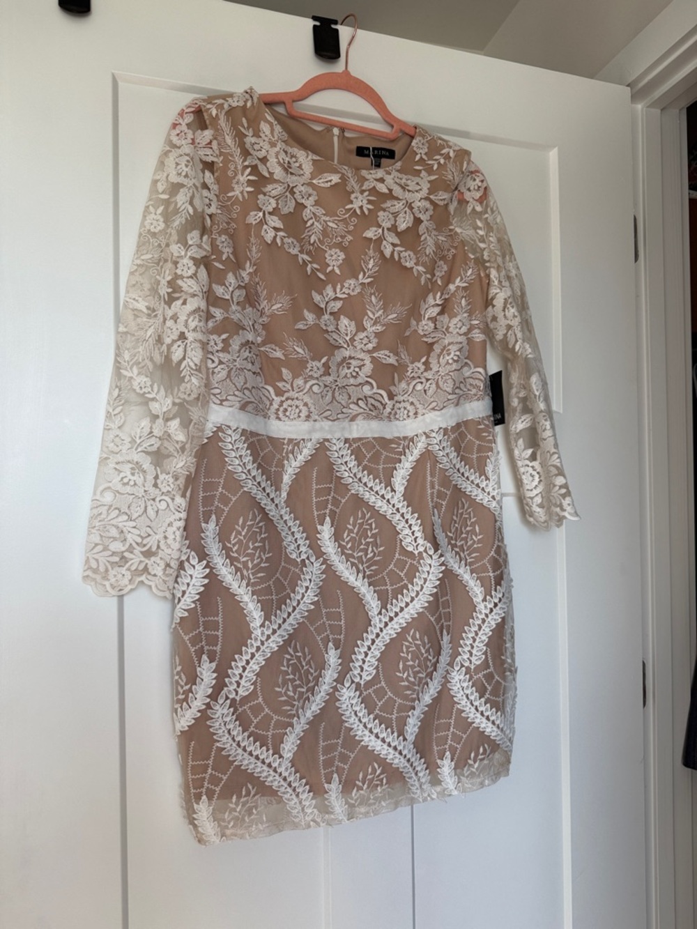 MARINA Nude Dress with White Lace Overlay
